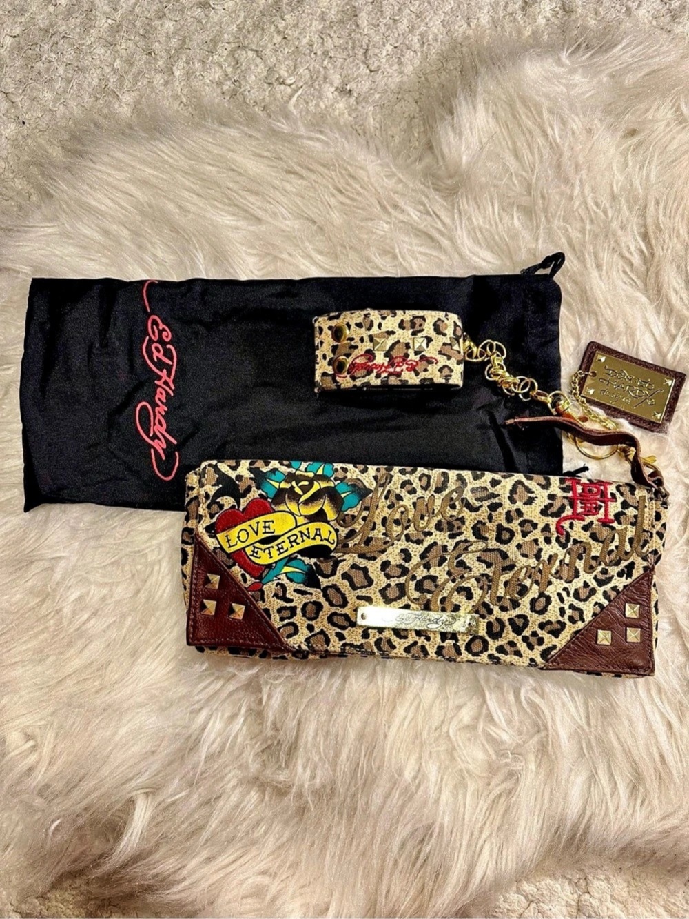 Vintage Y2K Ed Hardy "Love Eternal" Leopard Print Wallet / Clutch Set – Complete
